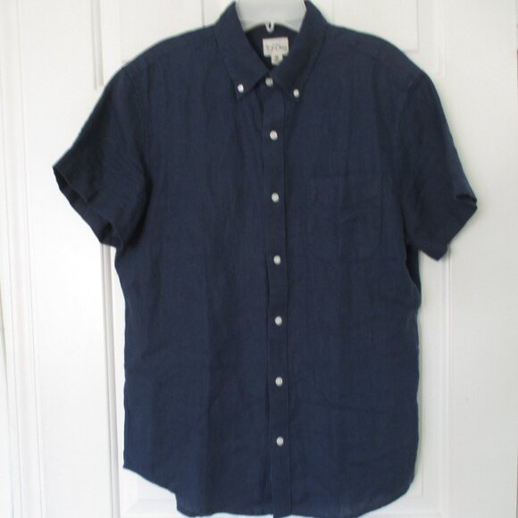 J. Crew Mens S/S Navy Linen Casual Resort Wear Shirt - Size Medium Slim Fit - Picture 2 of 2